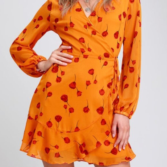 Lush Mareena Red Poppy Floral Wrap Long Sleeve Dress - Picture 4 of 12